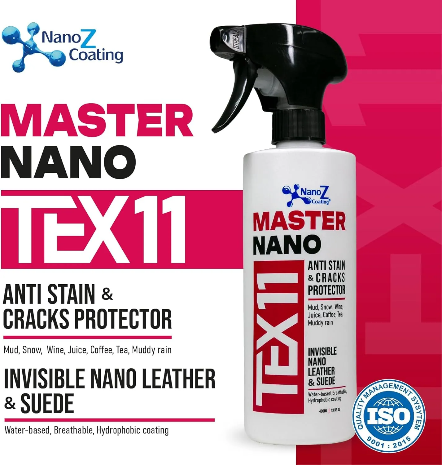 Nano Leather and Suede Hydrophobic Spray, Water and Stain Repellent, Waterproofing for Boots, Car Seats, Furniture, Jackets, Shoes, Bags and More (13.52 fl.oz)