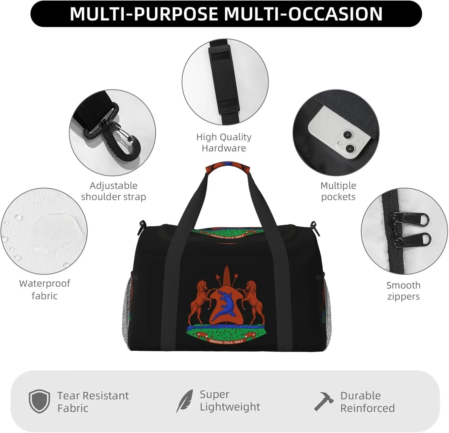 National Emblem Of Lesotho Travel Duffel Bag Large Foldable Waterproof Overnight Bag For Beach Swim Bags Pool Sports Gym