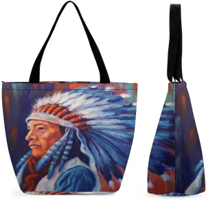 Native Indian Chief Women's Reusable Shopping Bags Foldable Tote Bag Lightweight Handbag for Work Travel