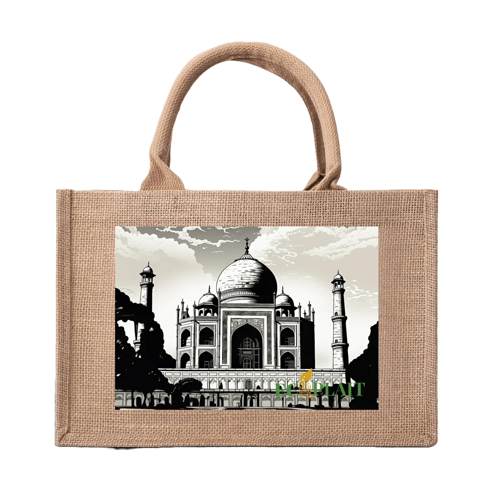 Natural Fiber Jute Tote Bag Taj Mahal
