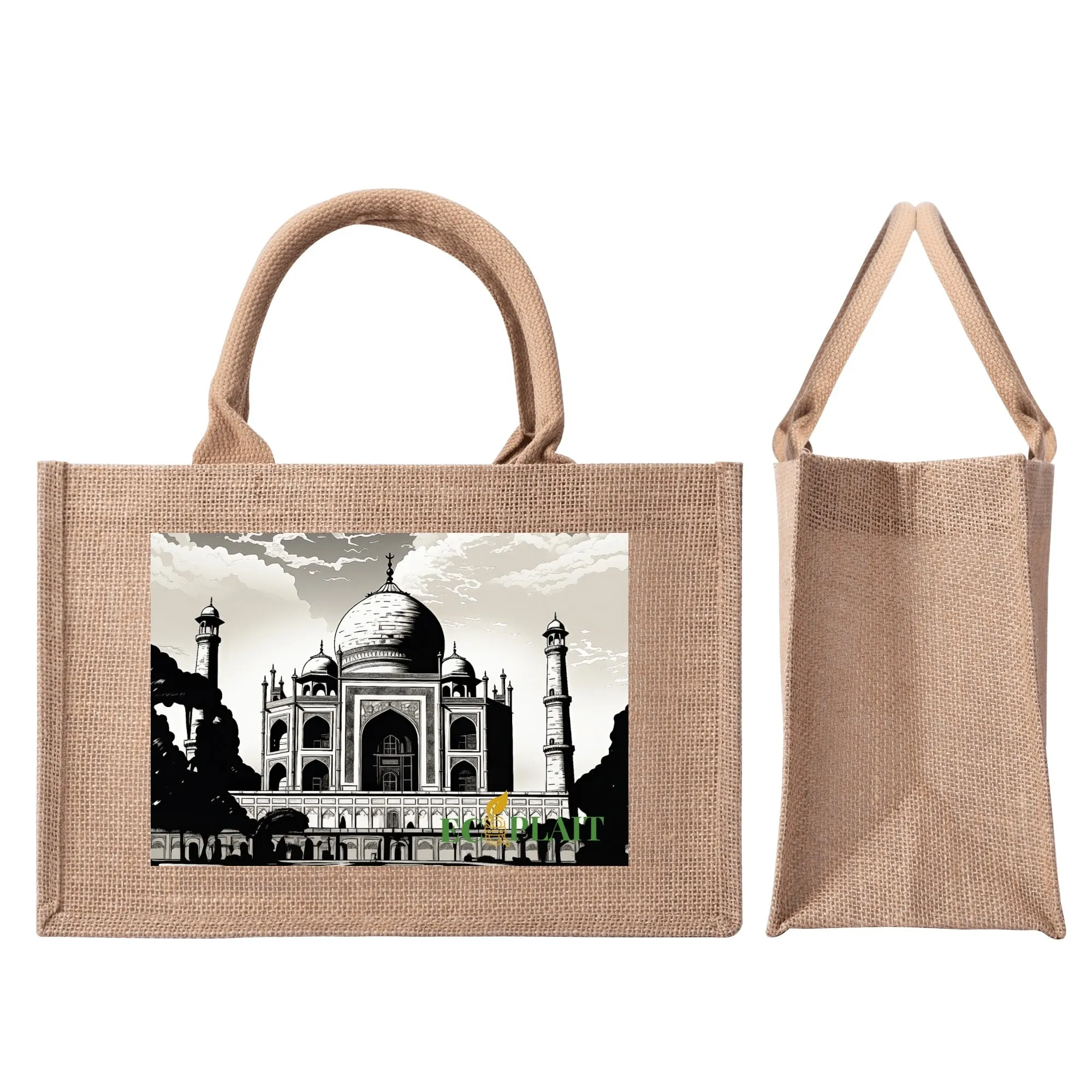 Natural Fiber Jute Tote Bag Taj Mahal