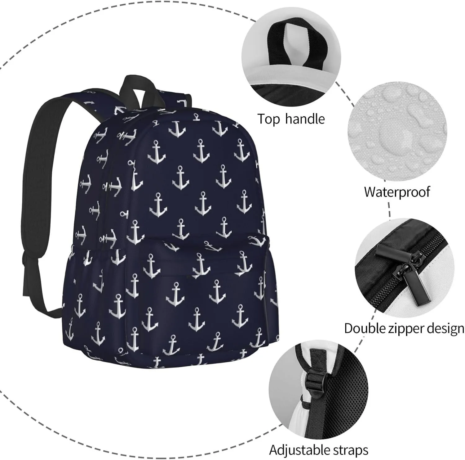Nautical Anchors Navy Blue Laptop Backpack For Men Women, Lightweight Daypack Bookbag For Daily Commutes Business Travel Hiking