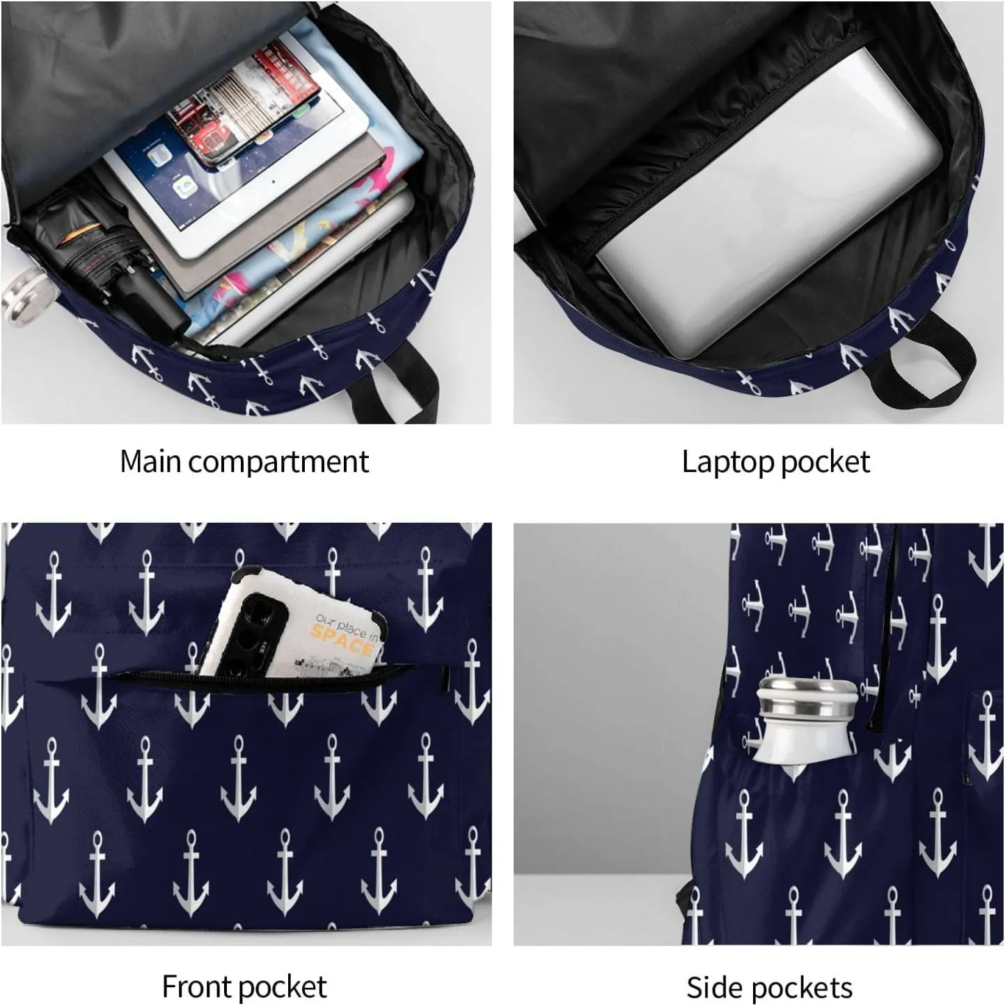Nautical Anchors Navy Blue Laptop Backpack For Men Women, Lightweight Daypack Bookbag For Daily Commutes Business Travel Hiking