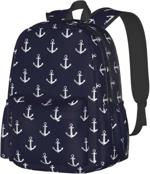 Nautical Anchors Navy Blue Laptop Backpack For Men Women, Lightweight Daypack Bookbag For Daily Commutes Business Travel Hiking