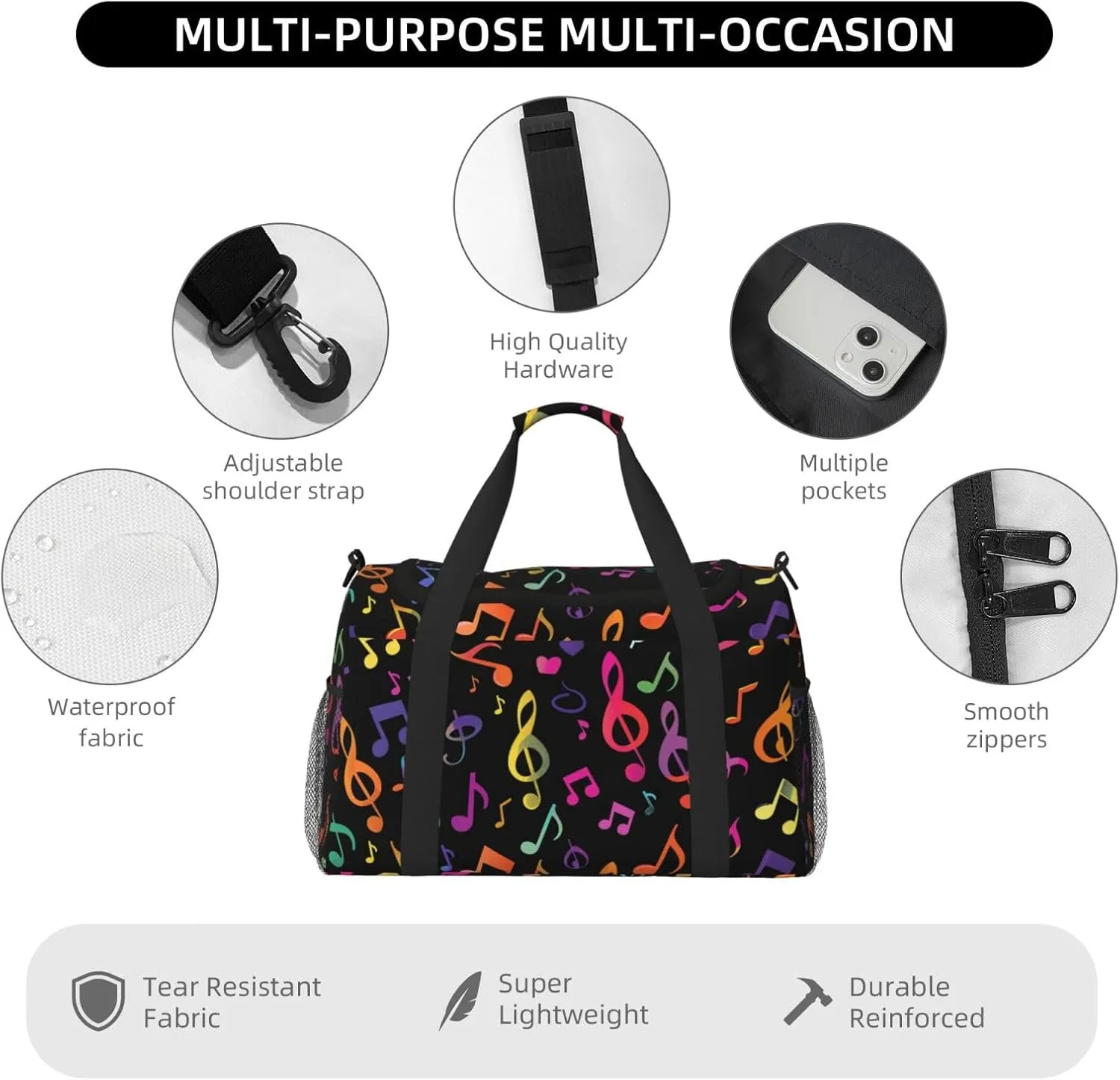 Neon Music Note Duffle Bag Foldable Travel Tote Bag Carry On Large Weekender Overnight Bags Waterproof Gym Bag For Women Men
