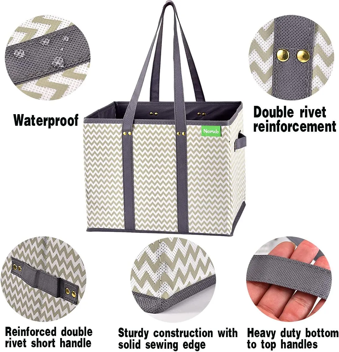 NERUB Reusable Grocery Tote Bags - Heavy Duty with Reinforced Bottom, Foldable Large Shopping Bags for Groceries (3 Pack)