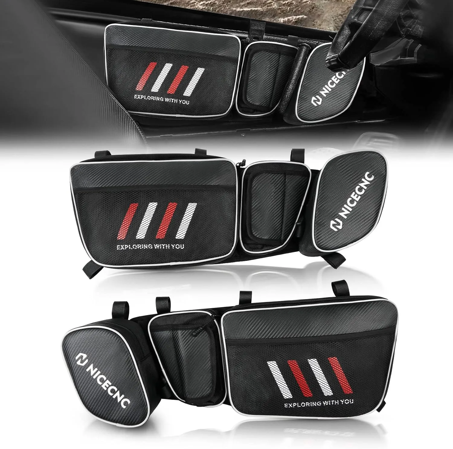 NICECNC X3 Door Bags, Upgraded PVC 1680D Oxford, Carbon Fiber Design, 2 Detachable Sponge Pad, UTV X3 Front Door Bags, Compatible with Can Am Maverick X3 Max XRS XDS XMR Turbo R 2017-2022, Red