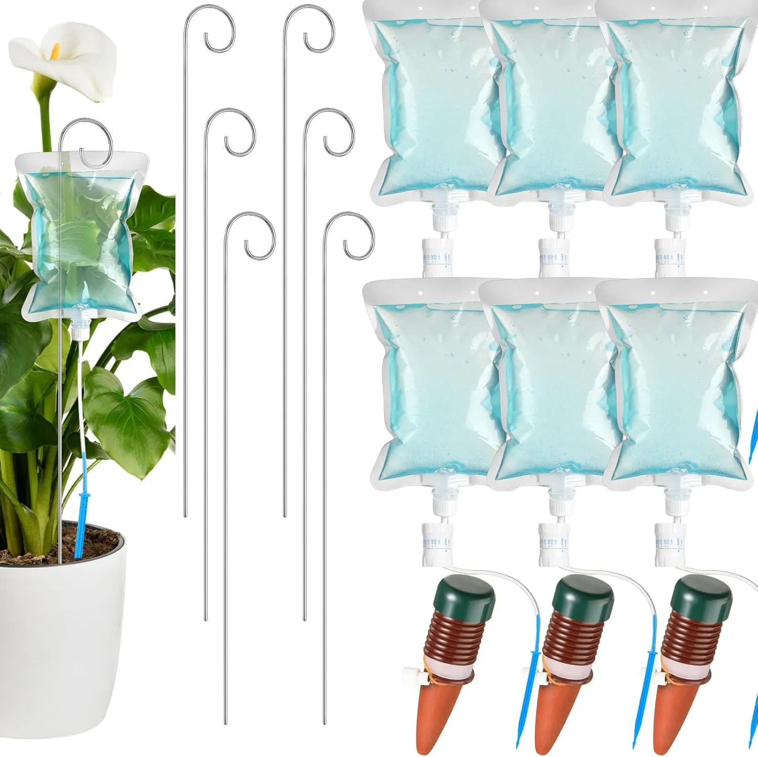 Norme Automatic Potted Plant Drip Irrigation Kit - 500ml Drip Water Bag with Support Rods & Self Watering Spikes - Slow Release, Iron & Plastic Material - 15 Pieces