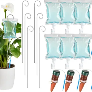 Norme Automatic Potted Plant Drip Irrigation Kit - 500ml Drip Water Bag with Support Rods & Self Watering Spikes - Slow Release, Iron & Plastic Material - 15 Pieces