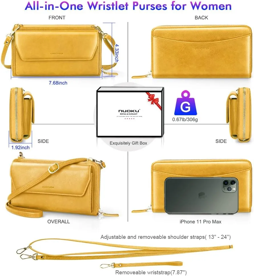 nuoku Womens RFID Wallet Purse Wristlet Crossbody Clutch with Zip Around 2 Strap