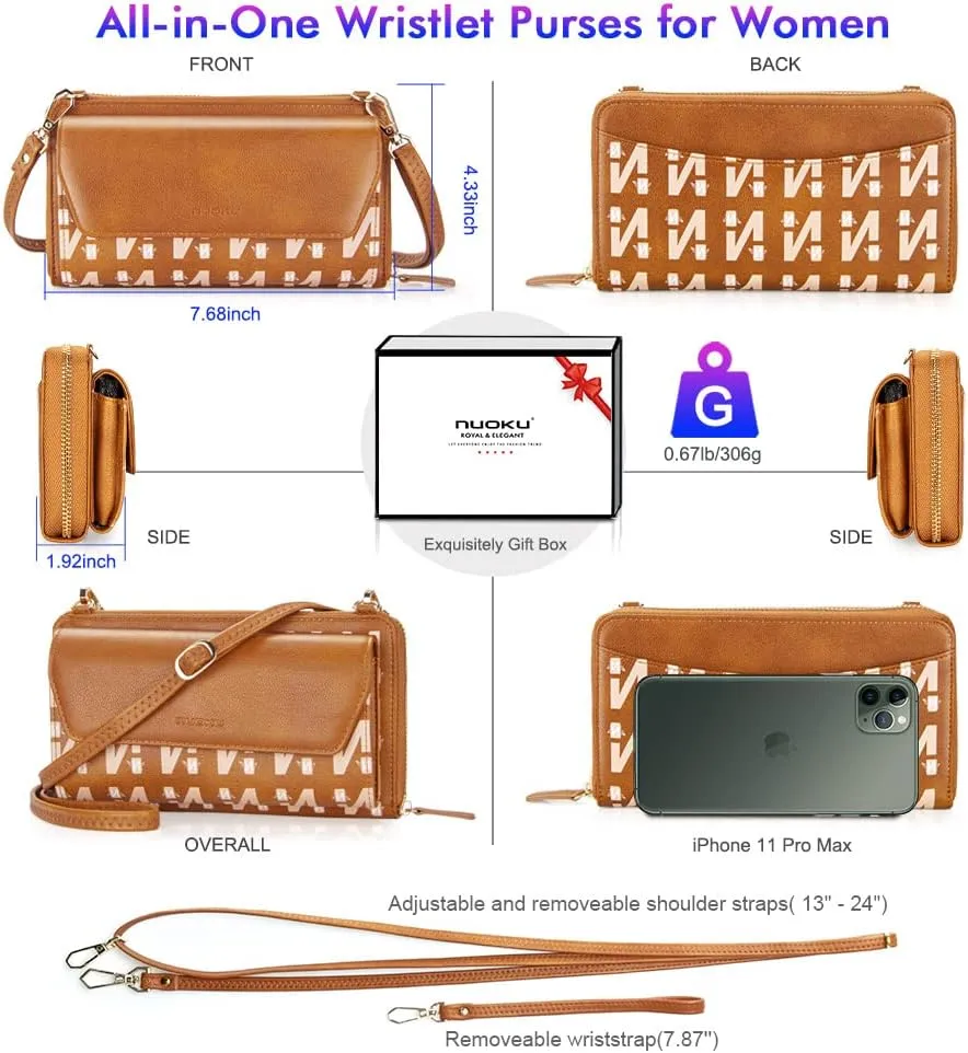 nuoku Womens RFID Wallet Purse Wristlet Crossbody Clutch with Zip Around 2 Strap