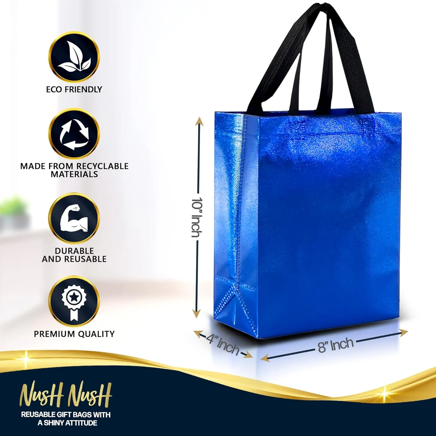 Nush Nush Blue Gift Bags - Medium Size Set of 12 Shiny Reusable Bags With Handles - Perfect for Goodie, Birthday, Party Favor Bags - 8Wx4Dx10H Size