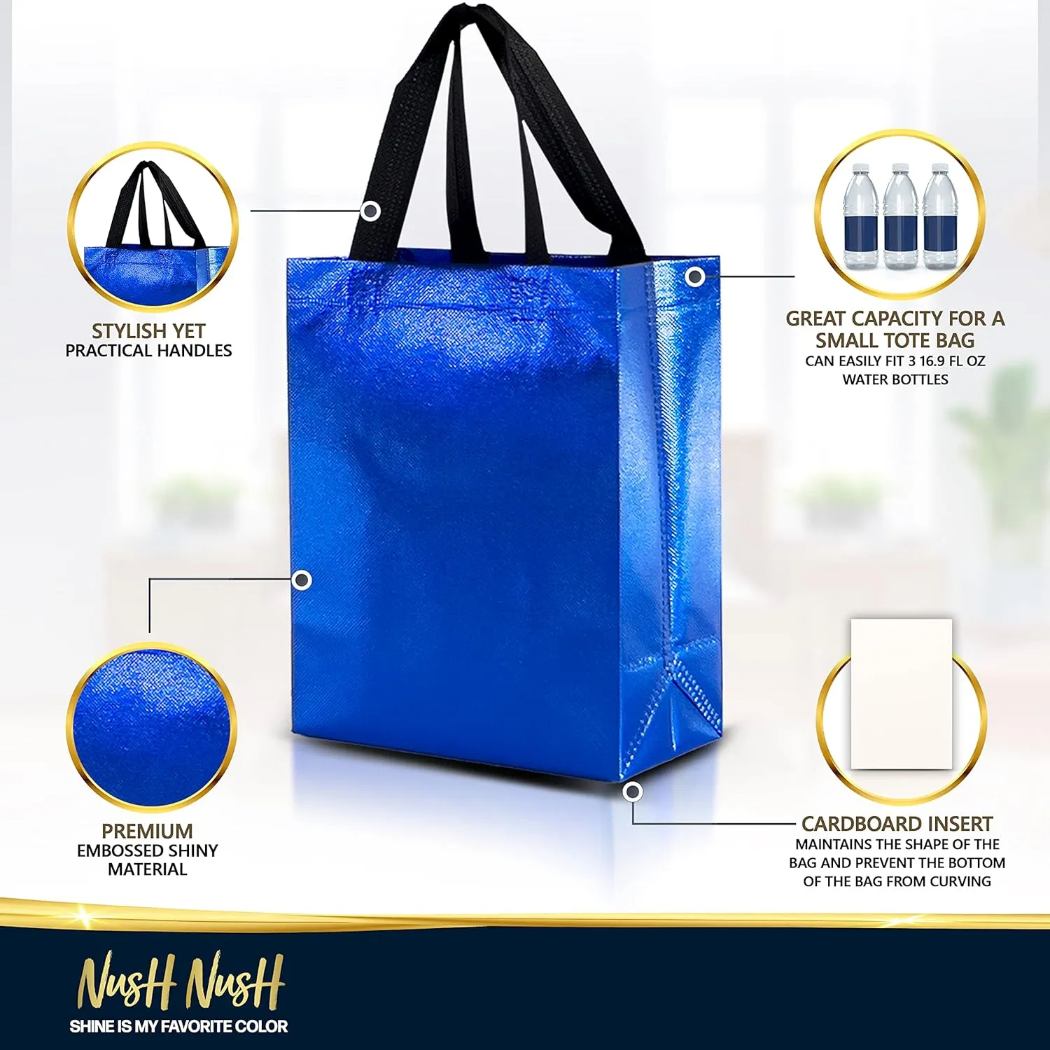 Nush Nush Blue Gift Bags - Medium Size Set of 12 Shiny Reusable Bags With Handles - Perfect for Goodie, Birthday, Party Favor Bags - 8Wx4Dx10H Size
