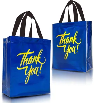Nush Nush Blue Thank You Gift Bags Medium Size In Bulk – Set of 12 Reusable Blue Thank You Bags With Handles And Holographic Finish - Goodie Bags, Birthday Bags, Party Favor Bags– 8x4x10 Size