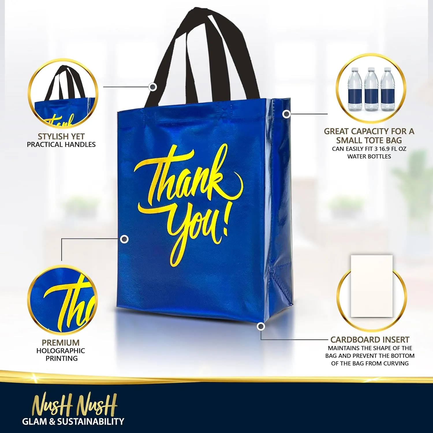 Nush Nush Blue Thank You Gift Bags Medium Size In Bulk – Set of 12 Reusable Blue Thank You Bags With Handles And Holographic Finish - Goodie Bags, Birthday Bags, Party Favor Bags– 8x4x10 Size