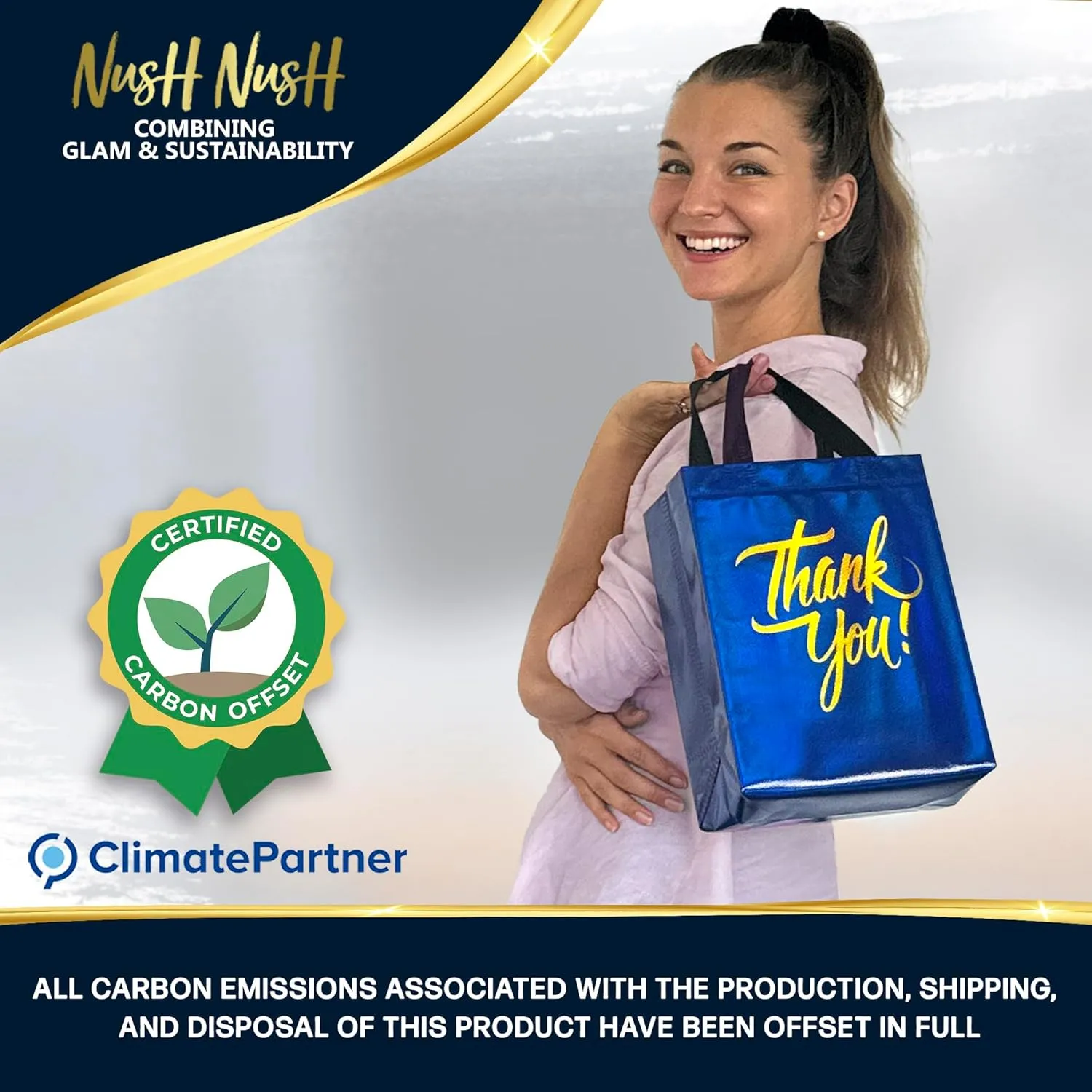 Nush Nush Blue Thank You Gift Bags Medium Size In Bulk – Set of 12 Reusable Blue Thank You Bags With Handles And Holographic Finish - Goodie Bags, Birthday Bags, Party Favor Bags– 8x4x10 Size