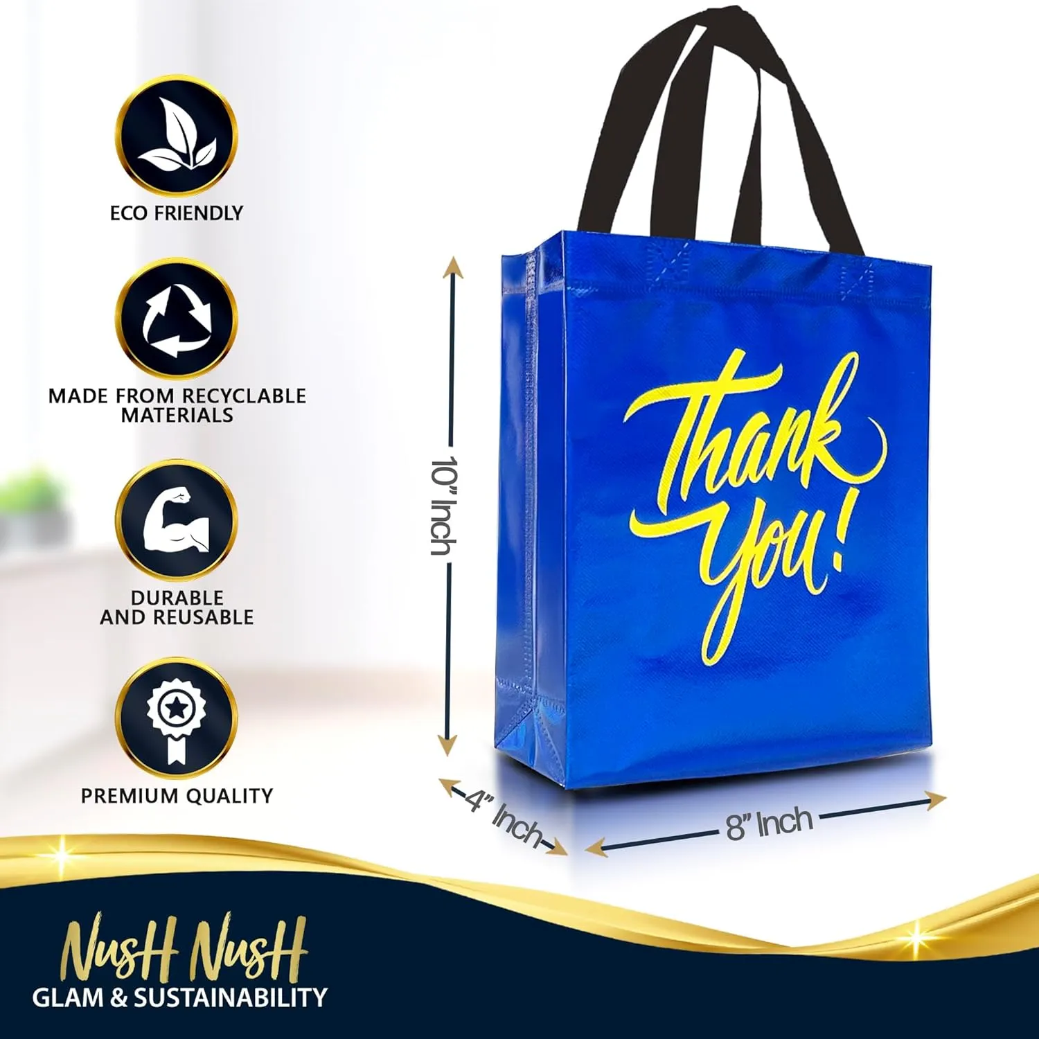 Nush Nush Blue Thank You Gift Bags Medium Size In Bulk – Set of 12 Reusable Blue Thank You Bags With Handles And Holographic Finish - Goodie Bags, Birthday Bags, Party Favor Bags– 8x4x10 Size