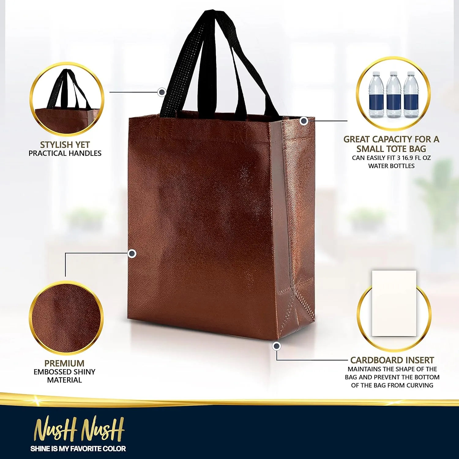 Nush Nush Chocolate Gift Bags Medium Size - Set of 30 Reusable Shiny Brown Gift Bags Handles - Perfect For Small Business Use For Gifting Occasions Like Events, Birthdays, Party Favors- 8Wx4Dx10H Size