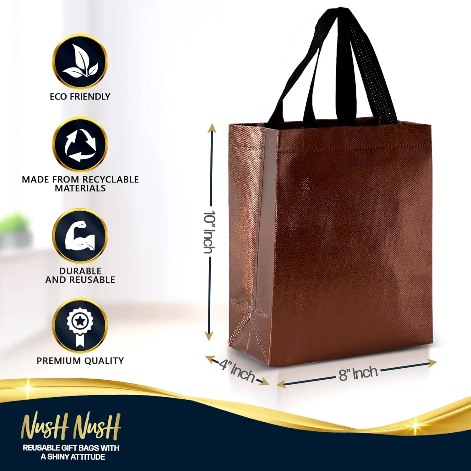 Nush Nush Chocolate Gift Bags Medium Size - Set of 30 Reusable Shiny Brown Gift Bags Handles - Perfect For Small Business Use For Gifting Occasions Like Events, Birthdays, Party Favors- 8Wx4Dx10H Size