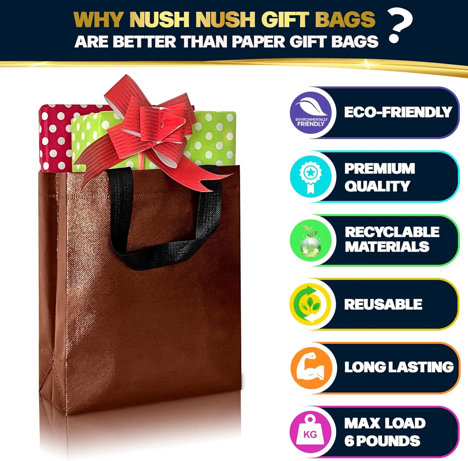 Nush Nush Chocolate Gift Bags Medium Size - Set of 30 Reusable Shiny Brown Gift Bags Handles - Perfect For Small Business Use For Gifting Occasions Like Events, Birthdays, Party Favors- 8Wx4Dx10H Size