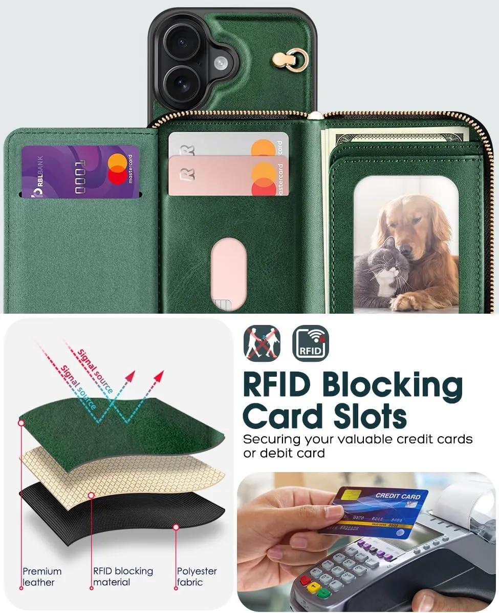 OCASE Compatible with iPhone 16 Crossbody Wallet Case with Card Holder, PU Leather Zipper Handbag Phone Purse with RFID Blocking Kickstand Wrist Strap Lanyard 6.1 Inch, Blackish Green