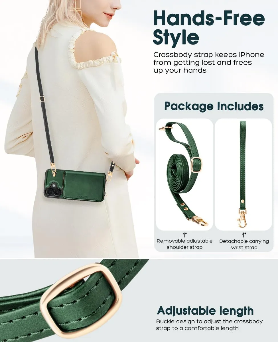 OCASE Compatible with iPhone 16 Crossbody Wallet Case with Card Holder, PU Leather Zipper Handbag Phone Purse with RFID Blocking Kickstand Wrist Strap Lanyard 6.1 Inch, Blackish Green