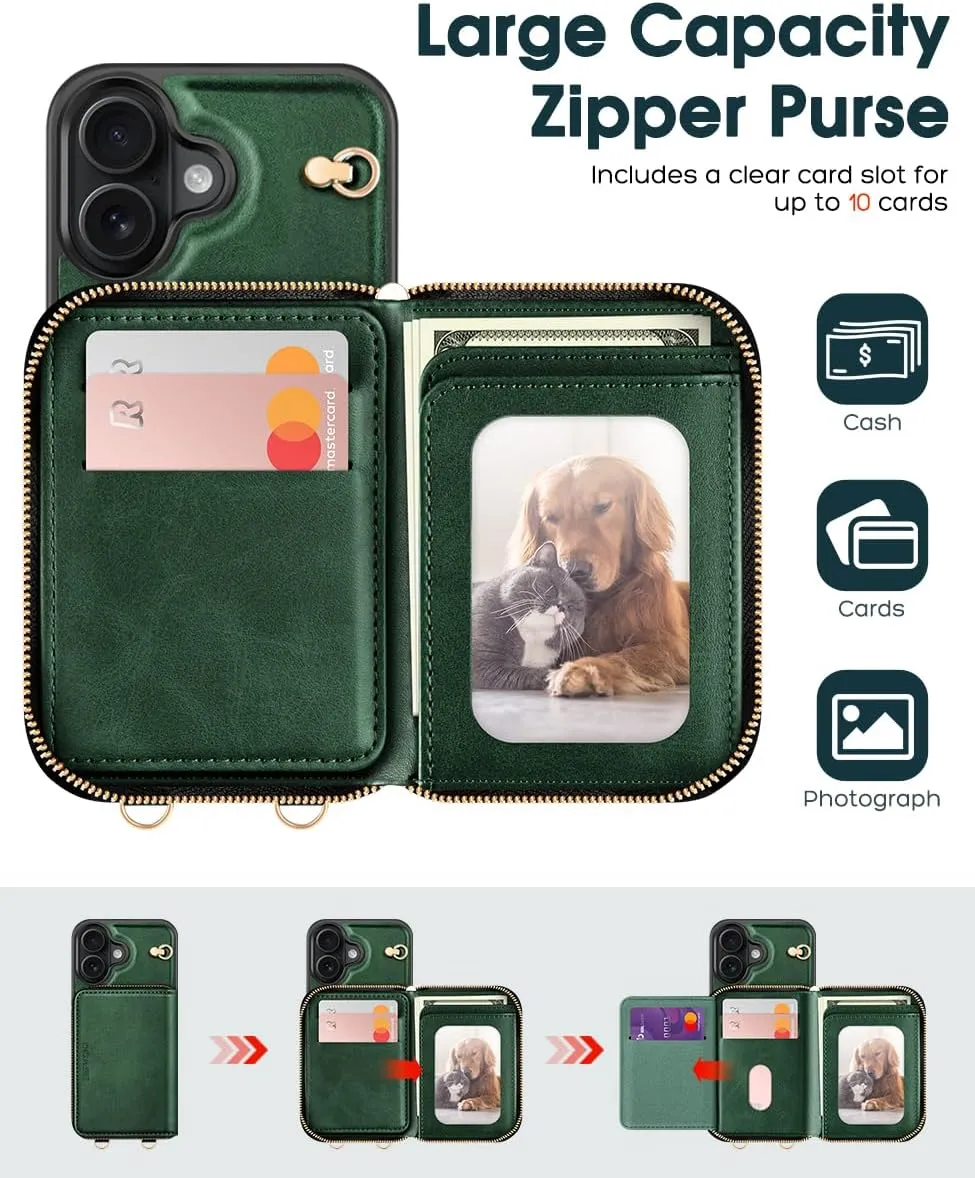 OCASE Compatible with iPhone 16 Crossbody Wallet Case with Card Holder, PU Leather Zipper Handbag Phone Purse with RFID Blocking Kickstand Wrist Strap Lanyard 6.1 Inch, Blackish Green