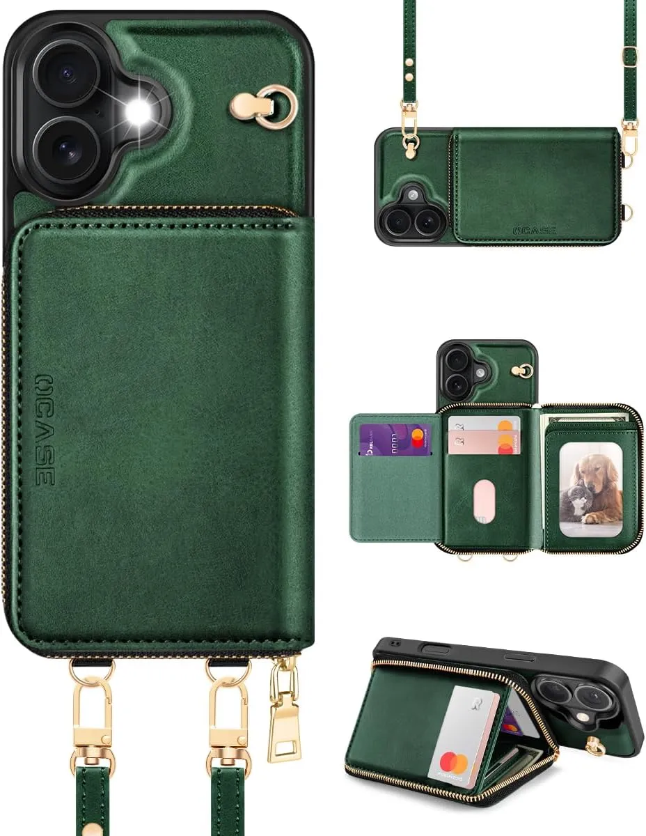 OCASE Compatible with iPhone 16 Crossbody Wallet Case with Card Holder, PU Leather Zipper Handbag Phone Purse with RFID Blocking Kickstand Wrist Strap Lanyard 6.1 Inch, Blackish Green