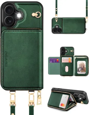 OCASE Compatible with iPhone 16 Crossbody Wallet Case with Card Holder, PU Leather Zipper Handbag Phone Purse with RFID Blocking Kickstand Wrist Strap Lanyard 6.1 Inch, Blackish Green