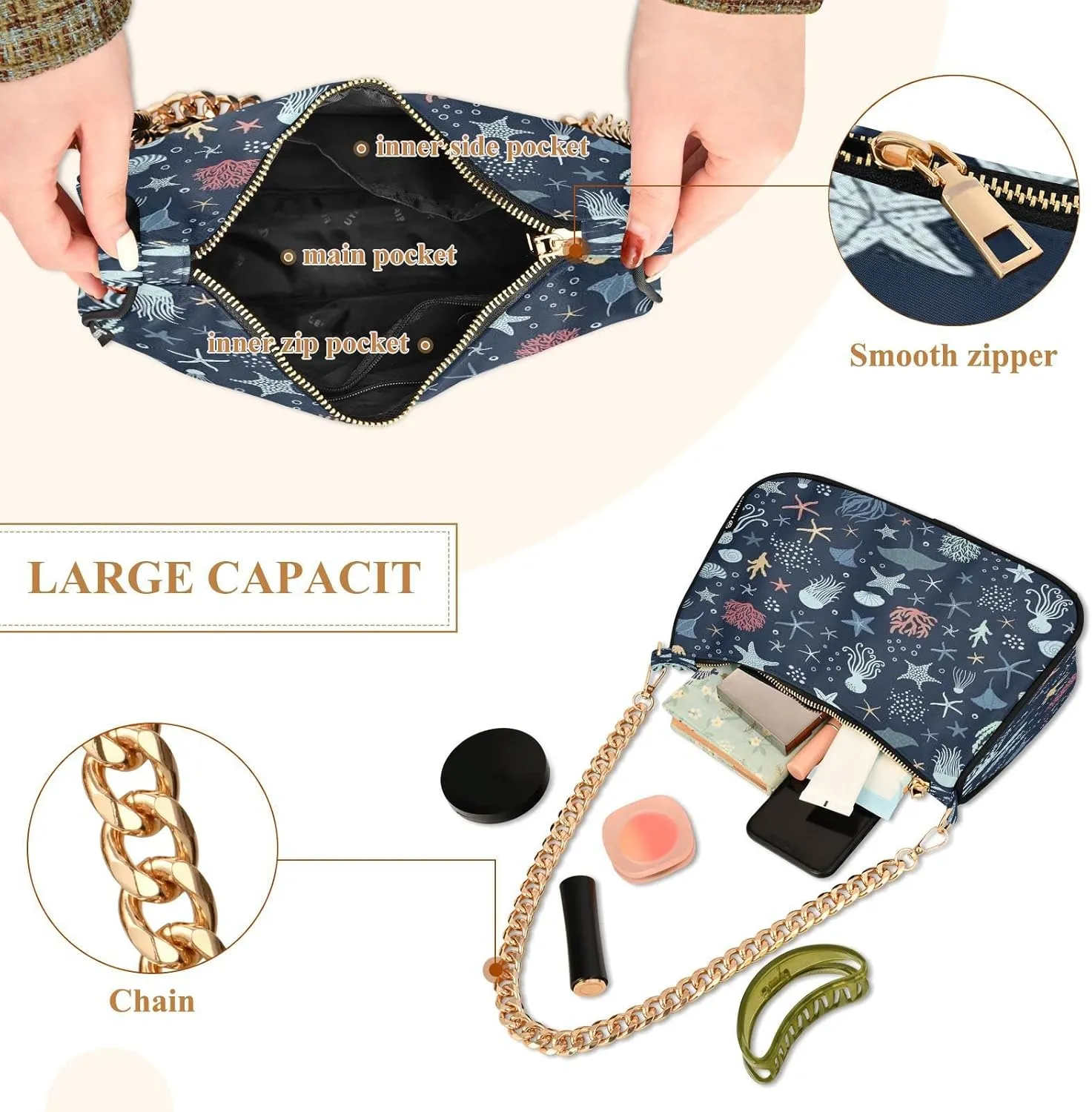 Ocean Theme Shoulder Purses for Women,Ocean Theme Shoulder Bag Purse Womens Crescent Crossbody Bag