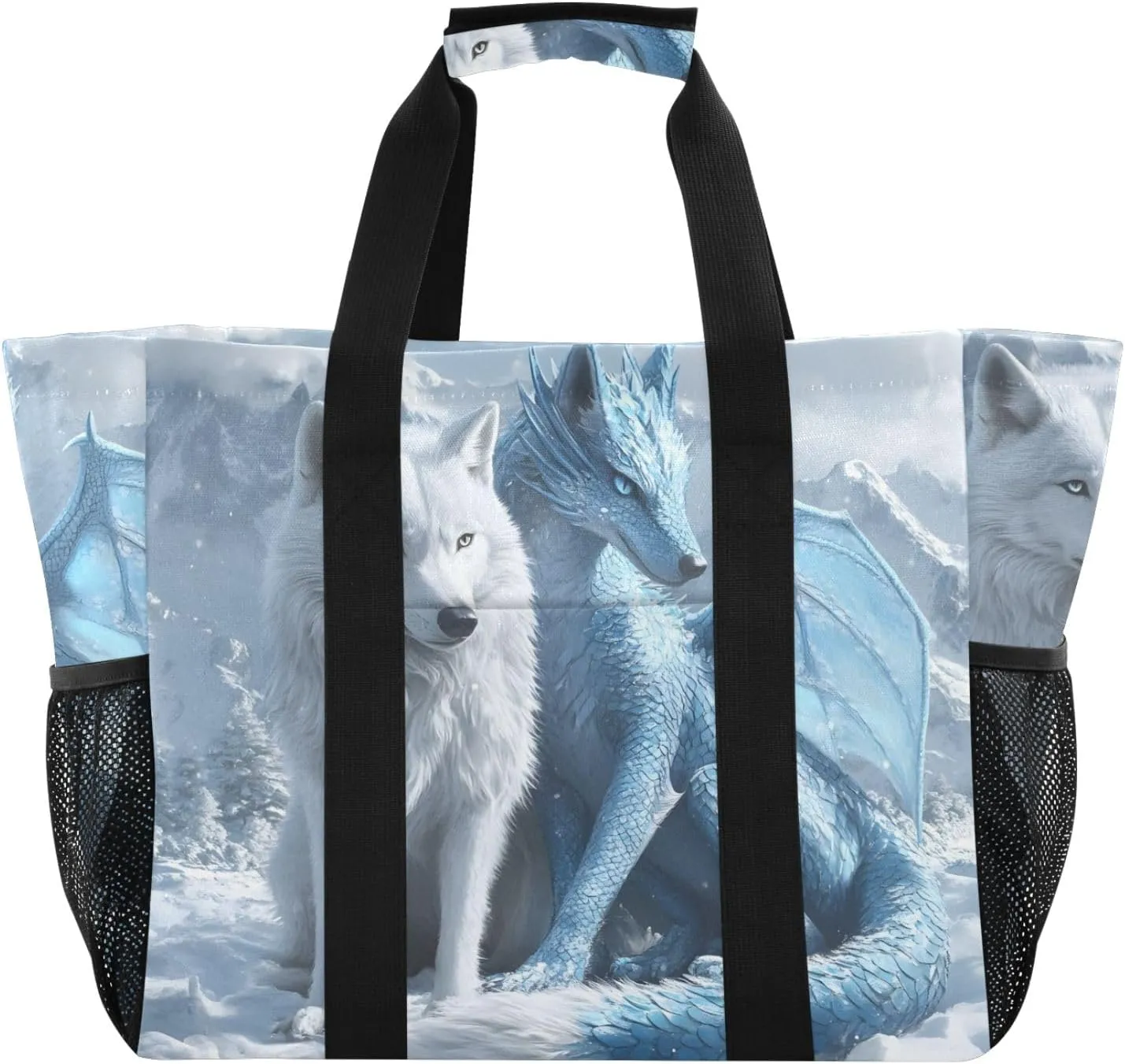 ODAWA White Wolf Cyan Dragon Foldable Daily Tote Bag for Summer and Swimming