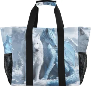 ODAWA White Wolf Cyan Dragon Foldable Daily Tote Bag for Summer and Swimming