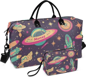 Oversized Travel Duffel Bag Travel Weekender Gear Bag Gym Duffel Bag with Adjustable Strap for Trekking 2 Pcs Set Ufo Aliens Rockets Cartoon Purple