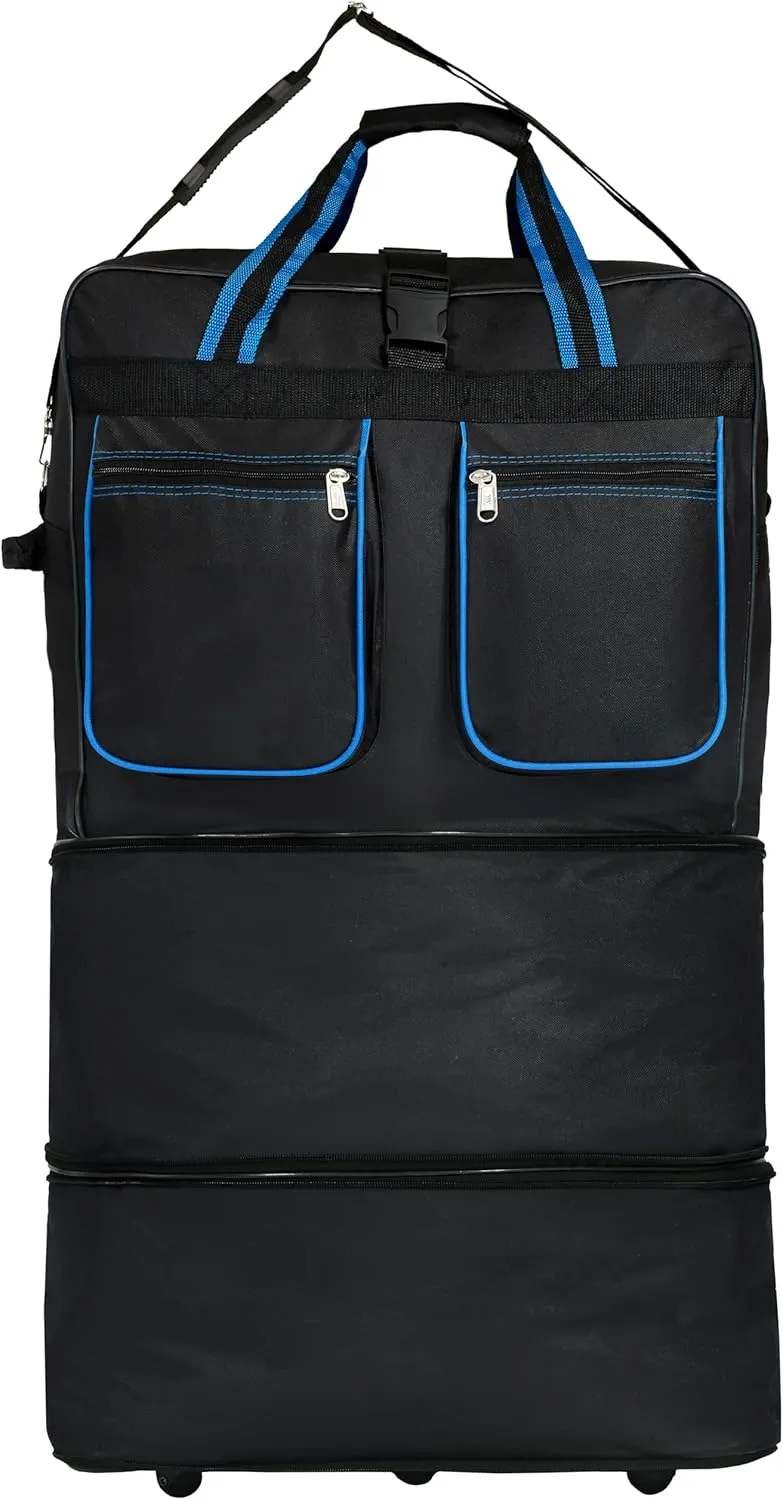 (Pack of 2) 30"" Duffle Bag Expandable Rolling Lightweight Wheeled Spinner Suitcase Luggage for Travel and Storage (Black with Blue Trim)