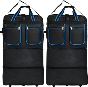 (Pack of 2) 30"" Duffle Bag Expandable Rolling Lightweight Wheeled Spinner Suitcase Luggage for Travel and Storage (Black with Blue Trim)