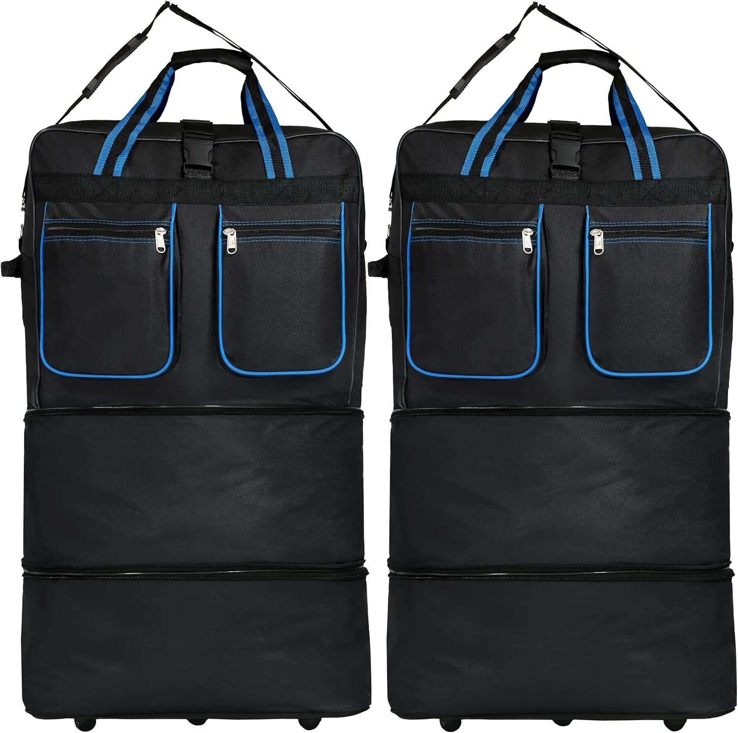 (Pack of 2) 30"" Duffle Bag Expandable Rolling Lightweight Wheeled Spinner Suitcase Luggage for Travel and Storage (Black with Blue Trim)