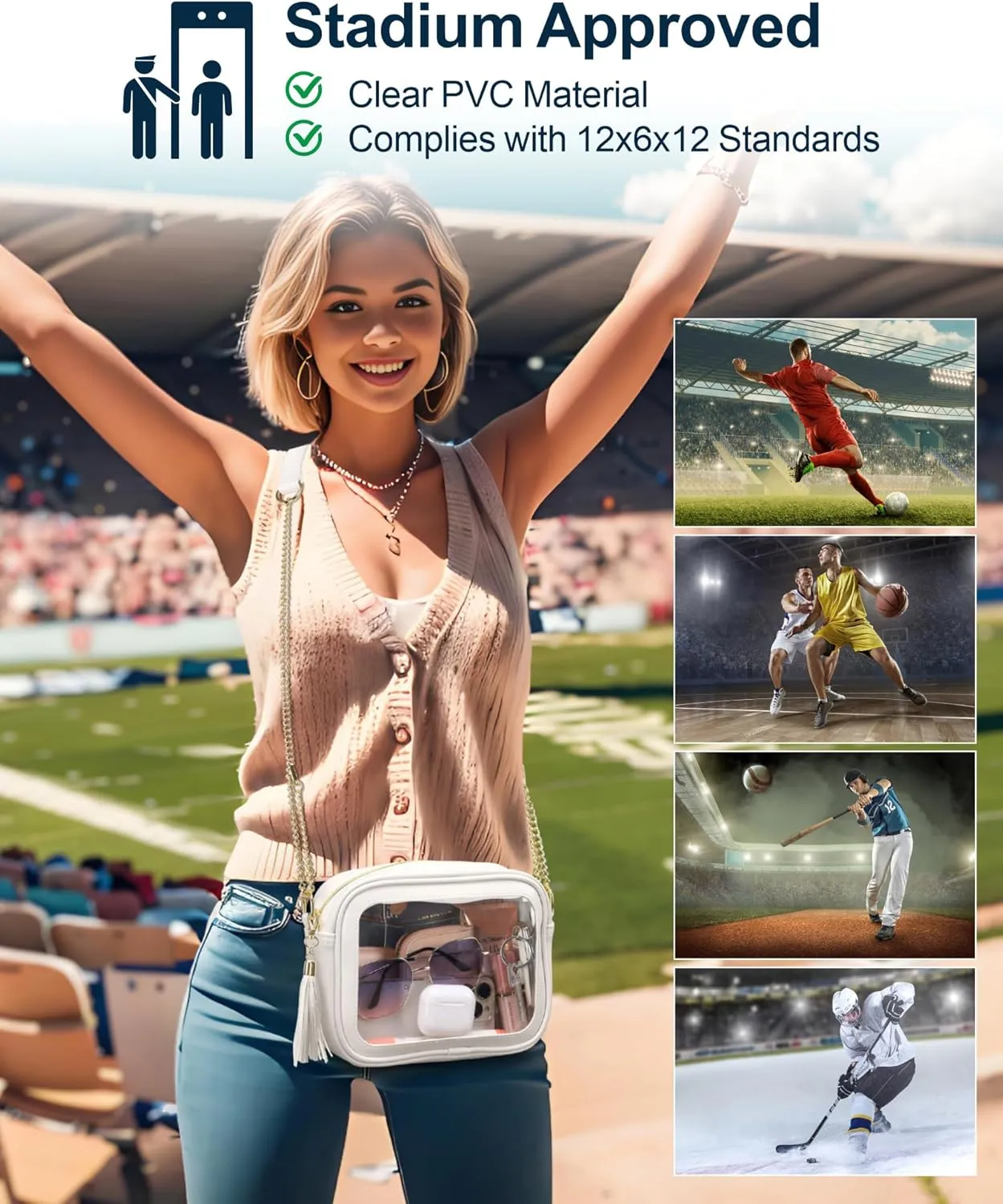 PACKISM Clear Bag for Stadium Events - Cute Clear Purse for Women Crossbody & Adjustable Chain for Sports Games Concerts