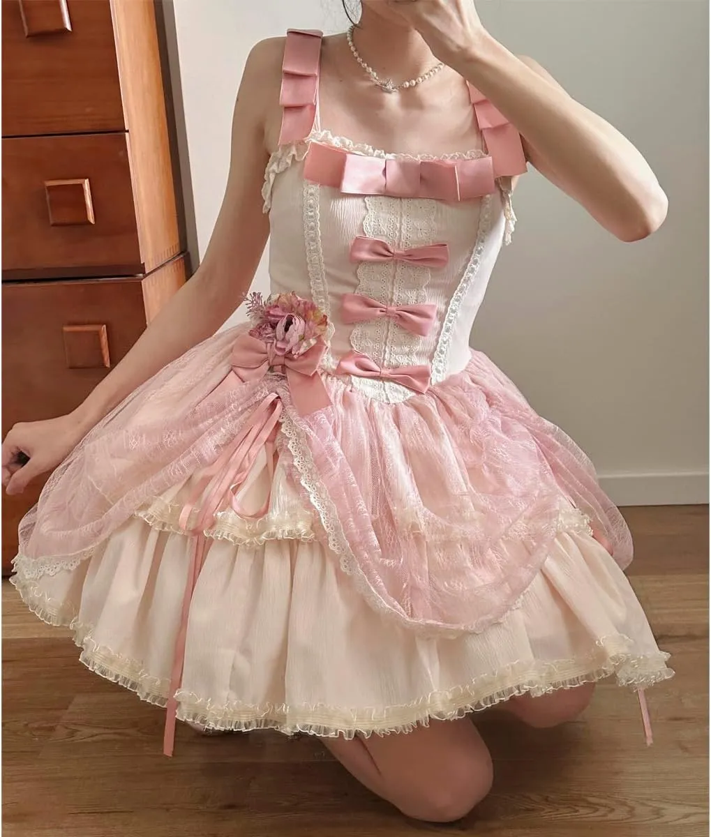 Packitcute Cute Bow Sweet Cosplay Lolita Prom Dresses for Teens Lace Flared Ruffle Casual Sleeveless Short Summer Dress