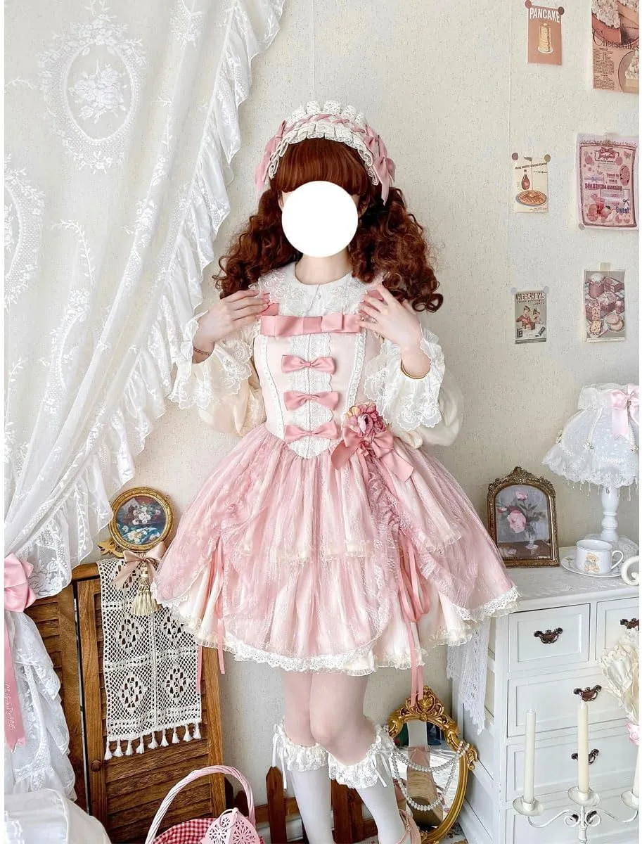 Packitcute Cute Bow Sweet Cosplay Lolita Prom Dresses for Teens Lace Flared Ruffle Casual Sleeveless Short Summer Dress