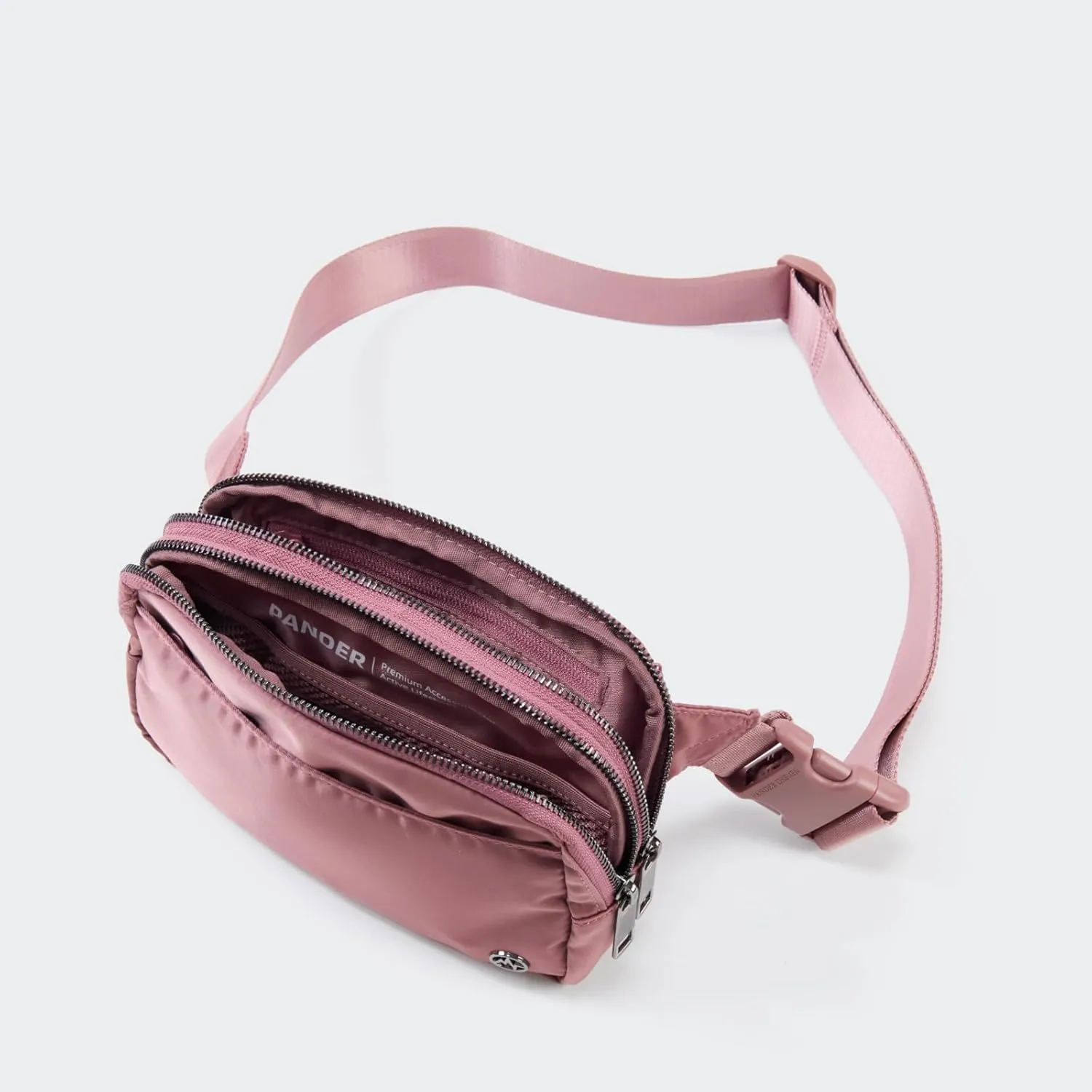 Pander Everywhere Belt Bag for Women, 5 Zipper Pockets Nylon Crossbody Fanny Pack Purse (Dune Pink)