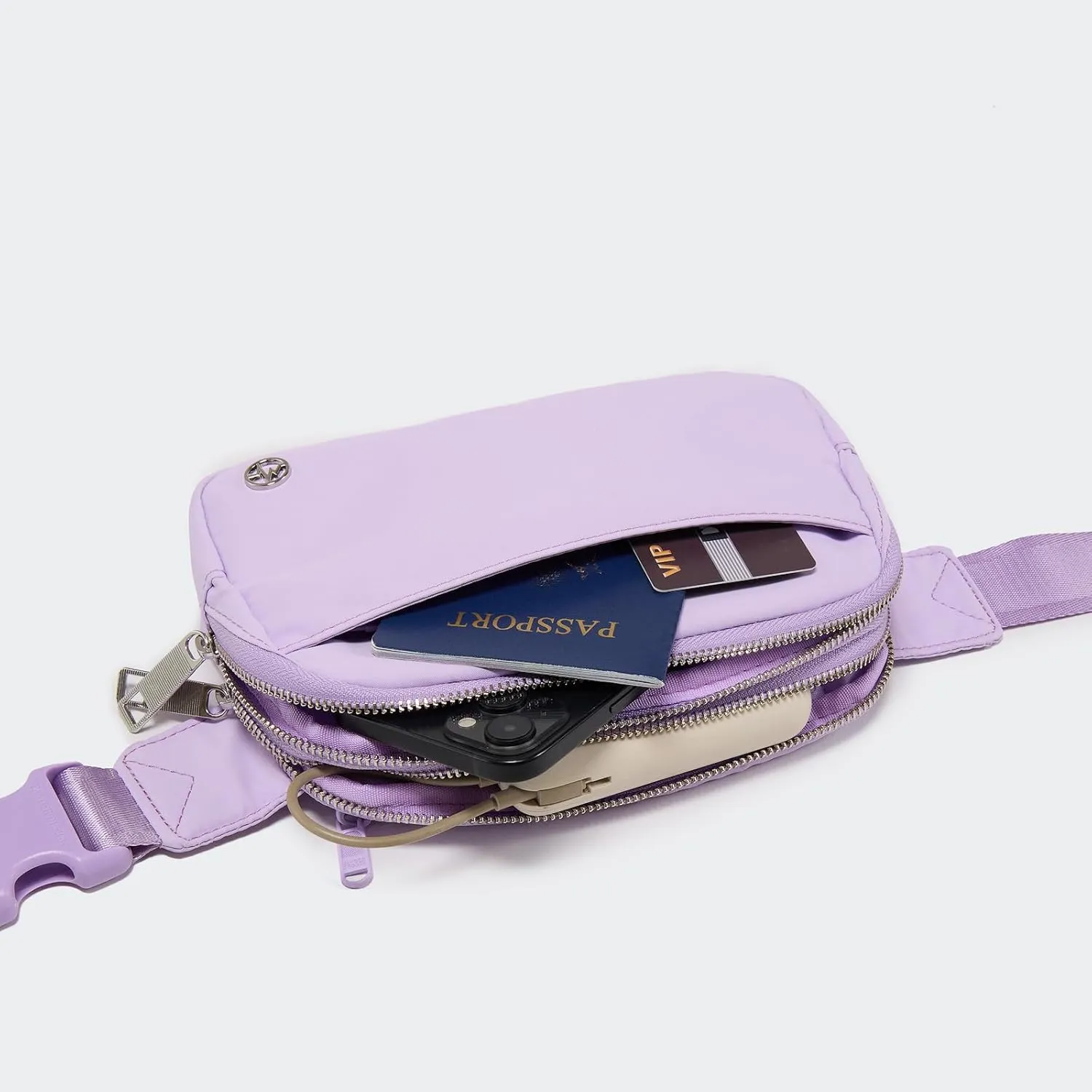 Pander Everywhere Belt Bag for Women, 5 Zipper Pockets Nylon Crossbody Fanny Pack Purse (Lilac Purple).