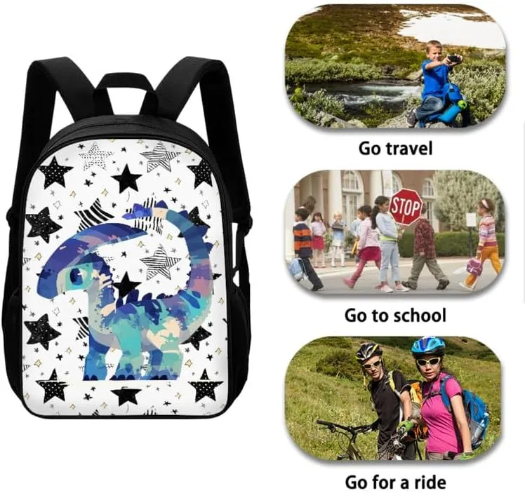Parasaurolophus Star Sketch Designed Boys Kids Teens Backpack Set Blue Dinosaur Simple Line Painting 3 Pcs Bags with Lunch Box and Pencil Case for School Sport Travel