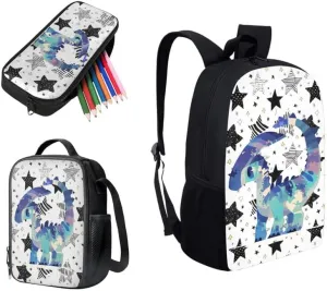 Parasaurolophus Star Sketch Designed Boys Kids Teens Backpack Set Blue Dinosaur Simple Line Painting 3 Pcs Bags with Lunch Box and Pencil Case for School Sport Travel