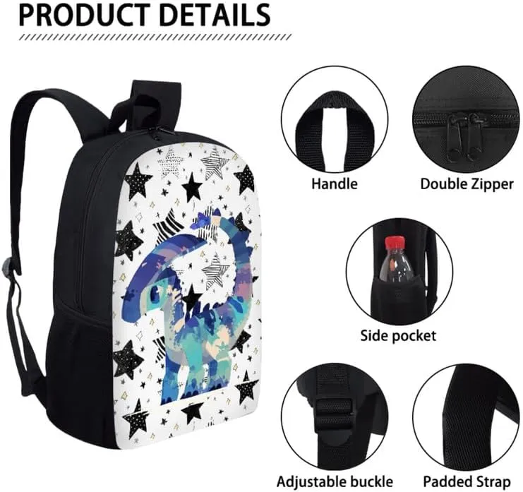 Parasaurolophus Star Sketch Designed Boys Kids Teens Backpack Set Blue Dinosaur Simple Line Painting 3 Pcs Bags with Lunch Box and Pencil Case for School Sport Travel