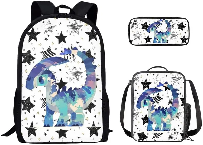 Parasaurolophus Star Sketch Designed Boys Kids Teens Backpack Set Blue Dinosaur Simple Line Painting 3 Pcs Bags with Lunch Box and Pencil Case for School Sport Travel