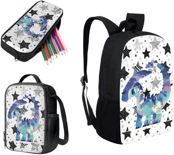 Parasaurolophus Star Sketch Designed Boys Kids Teens Backpack Set Blue Dinosaur Simple Line Painting 3 Pcs Bags with Lunch Box and Pencil Case for School Sport Travel