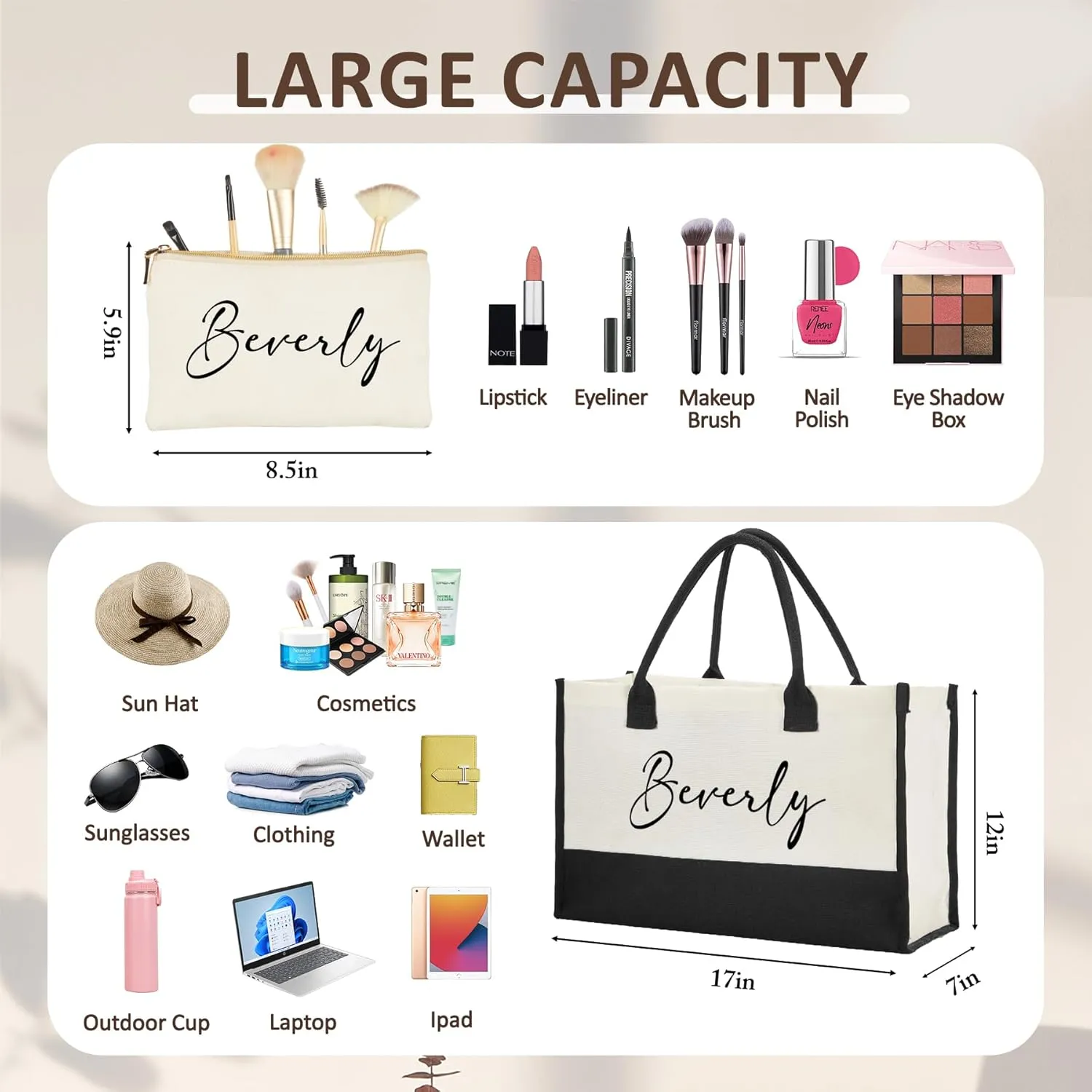 Personalized Canvas Tote Bag - Reinforced Handles,Dense Sewing Beach Bag & Extra Makeup Bag,Travel Essentials,Gifts for Women