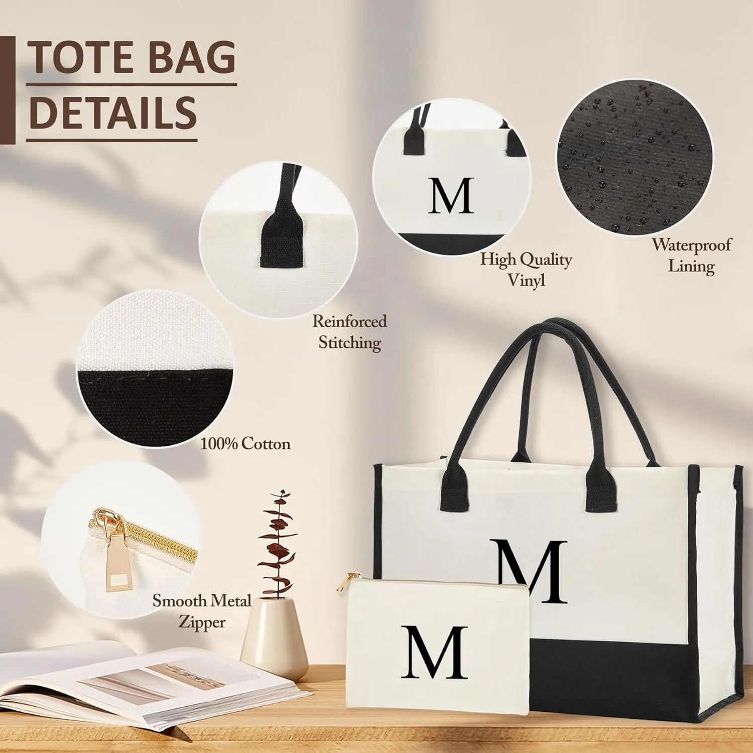 Personalized Canvas Tote Bag - Reinforced Handles,Dense Sewing Beach Bag & Extra Makeup Bag,Travel Essentials,Gifts for Women