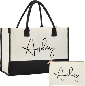 Personalized Canvas Tote Bag - Reinforced Handles,Dense Sewing Beach Bag & Extra Makeup Bag,Travel Essentials,Gifts for Women