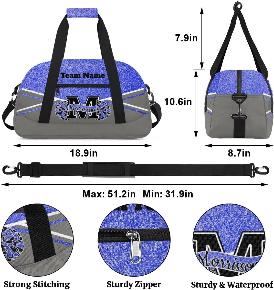 Personalized Cheerleader Bag Duffel Bag for Girls, Custom Cheer Bag Overnight Bags for Gymnastics Travel Weekender Grey Blue